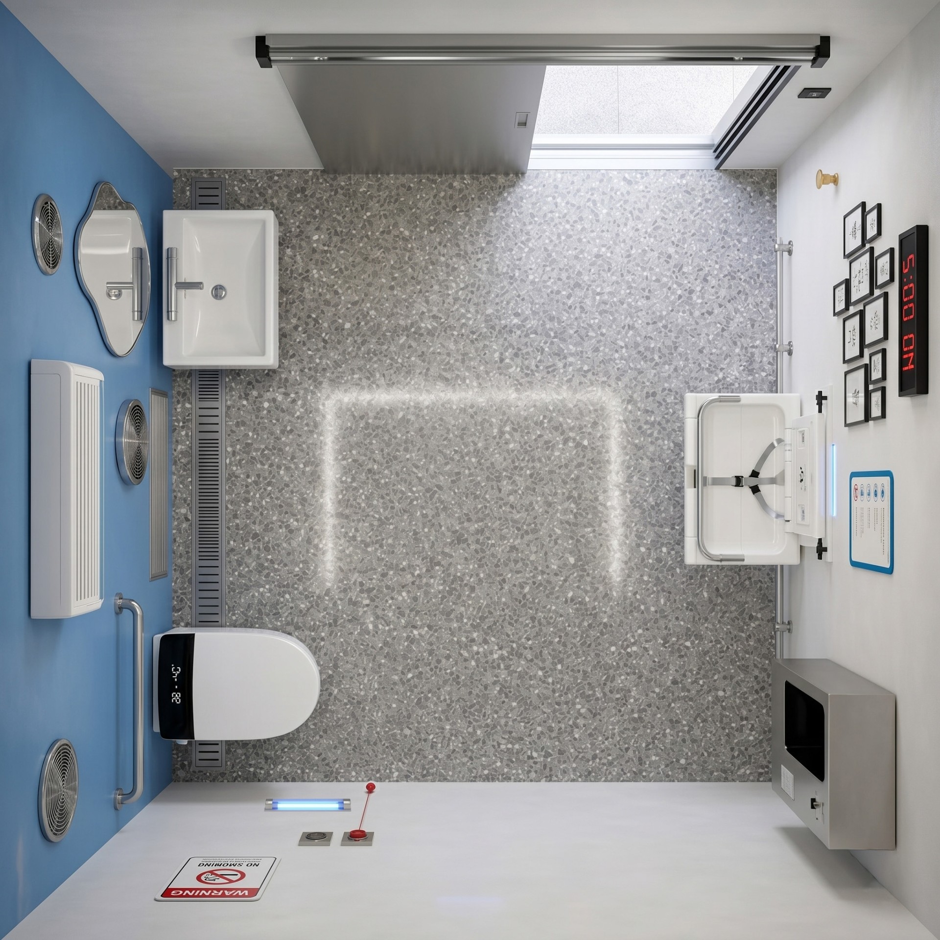 Top-down view of a KHLA unit interior — toilet, sink, baby-changer, automated cleaning bar